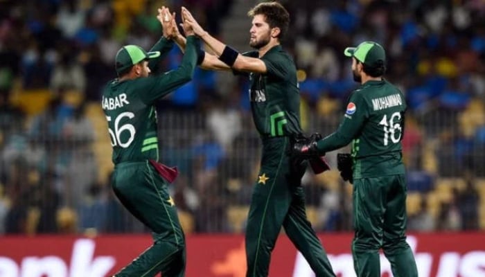 Shaheen Afridi celebrates with Babar Azam and Mohammad Rizwan after taking the wicket of South Africas David Miller at M A Chidambaram Stadium, Chennai, India, October 27, 2023. — Reuters