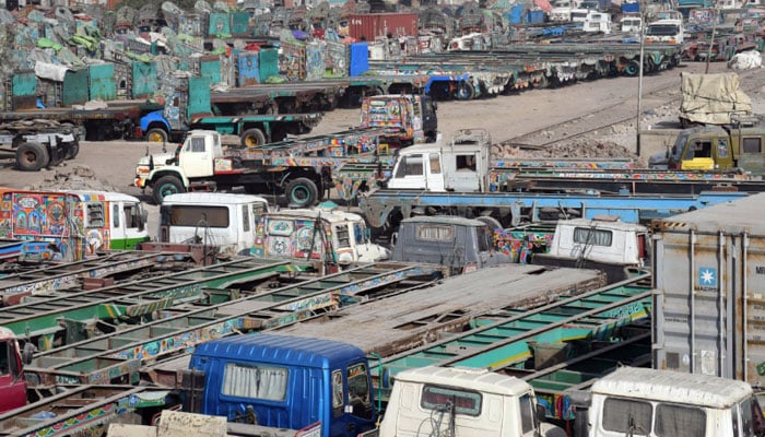 Trucks seen parked at Maripur road in Karachi on December 17, 2025. — Online