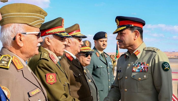COAS and CDF Field Marshal Syed Asim Munir (right) shakes hand with leadership of Libyan Arab Armed Forces in a photo shared on December 18, 2025. — ISPR