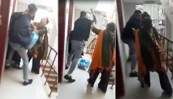 This collage of photos shows a domestic worker being assaulted by a man in Buffer Zone, Karachi, December 11, 2025. — Reporter