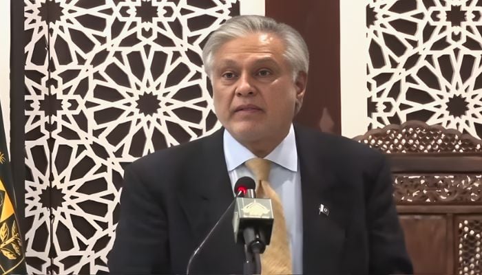Deputy Prime Minister speaking to diplomats in Islamabad on December 19, 2025. — Screengrab via Geo News