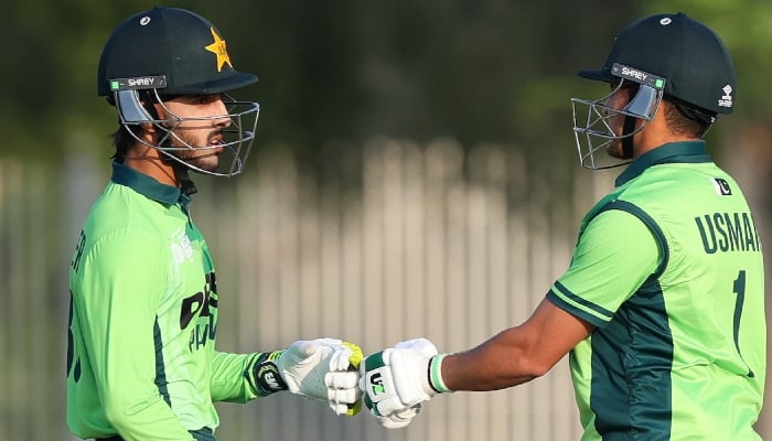 Pakistans Sammer Minhas (left) and Usman Khan during ACC Mens U19 Asia Cup semi-final against Bangladesh at The Sevens in Dubai on December 19, 2025. — PCB