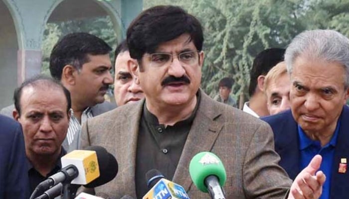 Sindh Chief Minister Murad Ali Shah addresses the media at CMS School, UC Old Haji Camp, Karachi, December 15, 2025. — APP