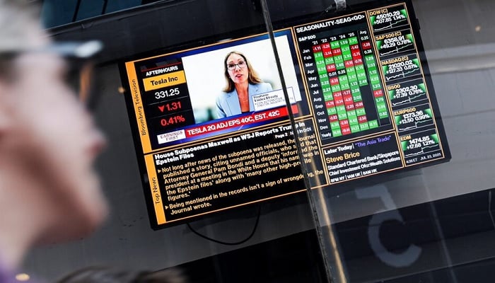 A screen shows news concerning the Jeffrey Epstein files at the Nasdaq MarketSite in New York City, US, July 23, 2025.— Reuters