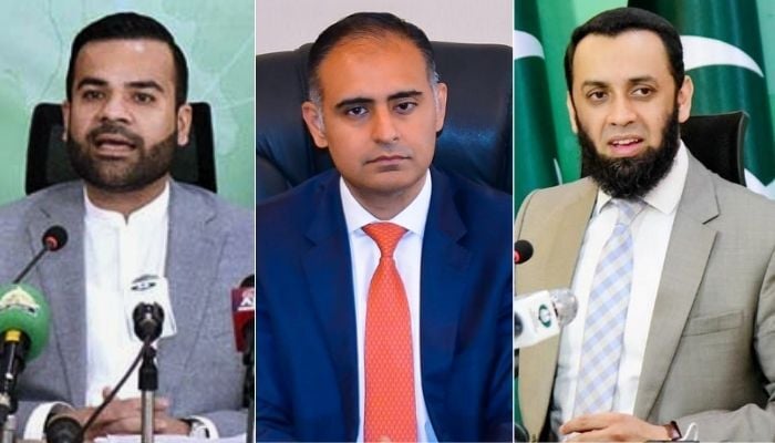 Photo collage shows Minister of State for Law and Justice Barrister Aqeel Malik, Minister of State for Railways and Finance Bilal Azhar Kayani and Federal Minister for Information and Broadcasting Attaullah Tarar. — Radio Pakistan/railways.gov.pk/