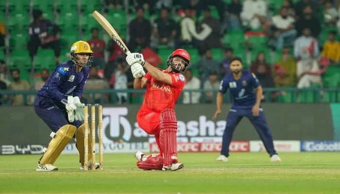 Islamabad Uniteds Mohammad Nawaz plays a shot during their PSL 10 match against Quetta Gladiators at the Gaddafi Stadium in Lahore on May 3, 2025. — PCB