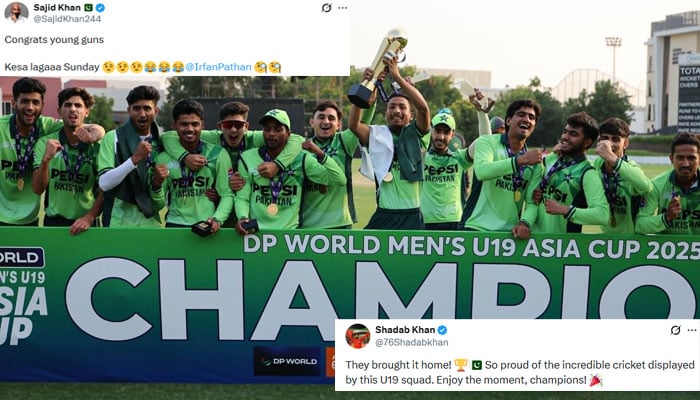 Pakistan players celebrate after winning Mens U19 Asia Cup final against India at ICC Academy, Dubai, December 21, 2025. — X/@TheRealPCB