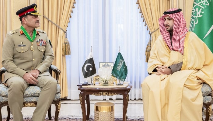 COAS and CDF Field Marshal Syed Asim Munir with Saudi Arabia’s Defence Minister Prince Khalid bin Salman bin Abdulaziz after being awarded the King Abdulaziz Medal of Excellent Class, in Riyadh, Saudi Arabia. — ISPR