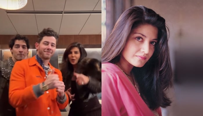 A screengrab of the video shared by Nick Jonas, featuring himself, wife Priyanka Chopra, and brother Joe Jonas, and an undated image of star singer Nazia Hassan. — Instagram@nickjonas/APP