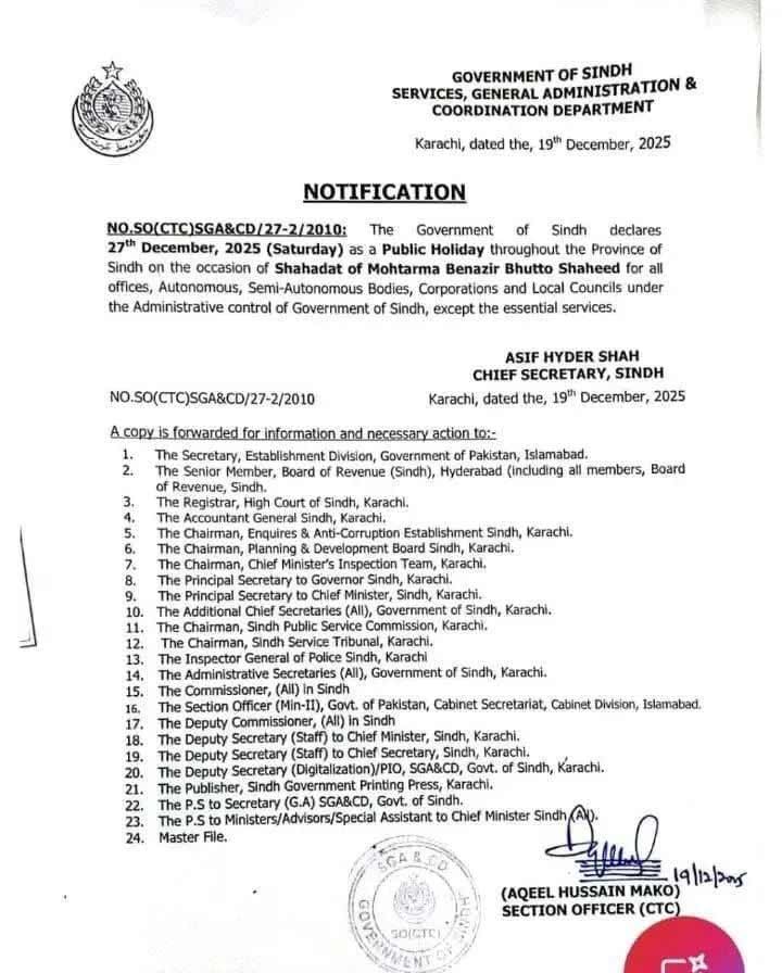 Sindh declares holiday on Dec 27
