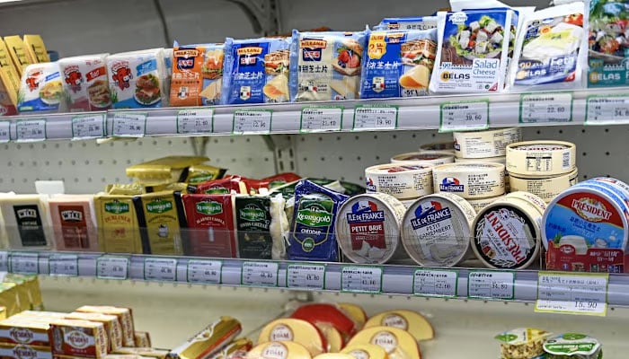 Cheese imported from Europe is displayed at a supermarket in Beijing on Aug 21, 2024. — AFP