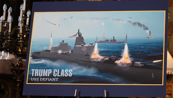 A rendering of Trump Class USS Defiant is displayed on the day U.S. President Donald Trump announces the Navys Golden Fleet, at Mar-a-lago in Palm Beach, Florida, U.S., December 22, 2025. REUTERS/Jessica Koscielniak Purchase Licensing Rights