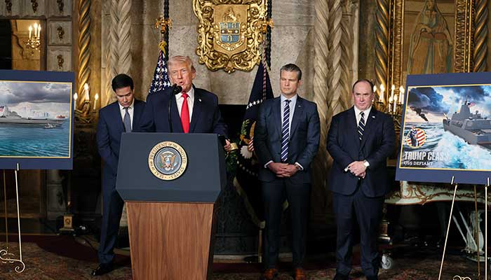 US President Donald Trump makes an announcement about the Navys Golden Fleet, as Secretary of State Marco Rubio, Secretary of Defence Pete Hegseth and Secretary of the Navy John Phelan listen, at Mar-a-lago in Palm Beach, Florida, US, December 22, 2025. — Reuters