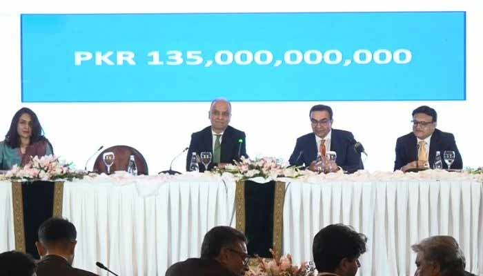 Privatisation Commission officials during the bidding process for the Pakistan International Airlines (PIA) in Islamabad, December 23, 2025. — Screengrab via YouTube/Geo News