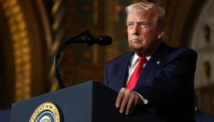 US President Donald Trump takes questions as he announces the creation of the Trump-class battleship during a statement at Mar-a-Lago estate on December 22, 2025 in Palm Beach, Florida, US. — AFP