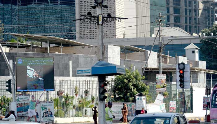 View of traffic cameras part of Intelligent Traffic System (ITS) to support the e-challan (Tracs) system, at PIDC Chowk in Karachi on December 2, 2025. — PPI