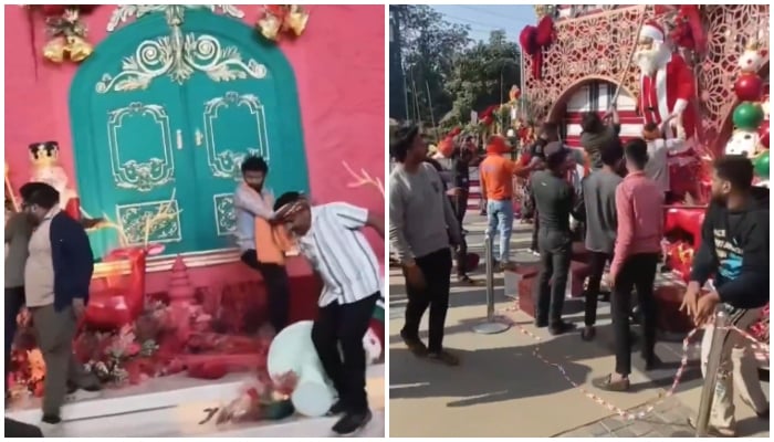 This collage of screengrabs, taken from a video, shows a group of armed men vandalising Christmas decorations in Raipur, Chhattisgarh, India, December 24, 2025. — X@zoo_bear