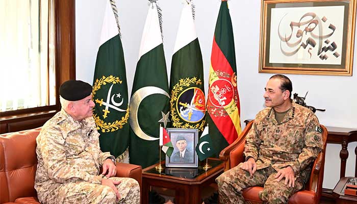 Jordanian Armed Forces Chairman Joint Chiefs of Staff Major General Yousef Ahmed A Al Huneiti meets Chief of Army Staff and Chief of Defence Forces Field Marshal Syed Asim Munir at General Headquarters (GHQ), Rawalpindi, on December 25, 2025. — ISPR