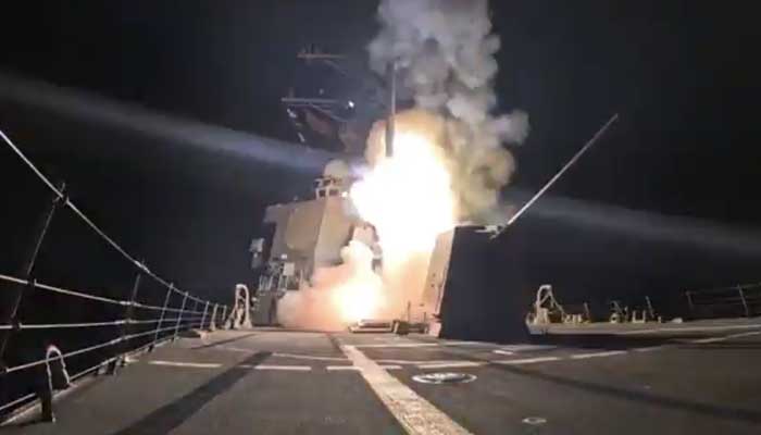 Video posted by Pentagon shows US warship launching a projectile. — Screengrab via X/@DeptofWar