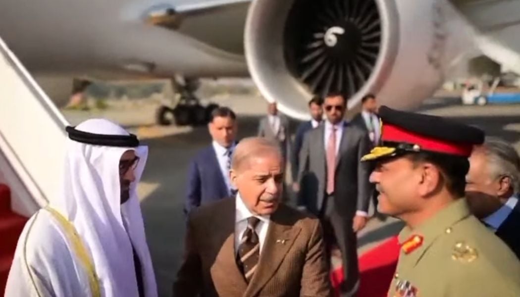 Prime Minister Shehbaz Sharif (centre) and Chief of Defence Forces Field Marshal Syed Asim Munir (right) receive United Arab Emirates President Sheikh Mohamed bin Zayed Al Nahyan upon his arrival at Nur Khan Airbase on December 26, 2025. — Screengrab via Geo News