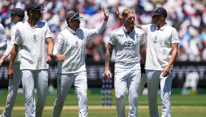 Englands Josh Tongue, Joe Root, Ben Stokes and Brydon Carse celebrate after taking the final wicket of Australias 2nd innings of the 4th Ashes Test, Melbourne Cricket Ground, Melbourne, Australia, December 27, 2025. — Reuters