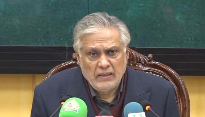 DPM Ishaq Dar addresses a news conference in Islamabad on December 27, 2025. — Screengrab via YouTube/Geo News