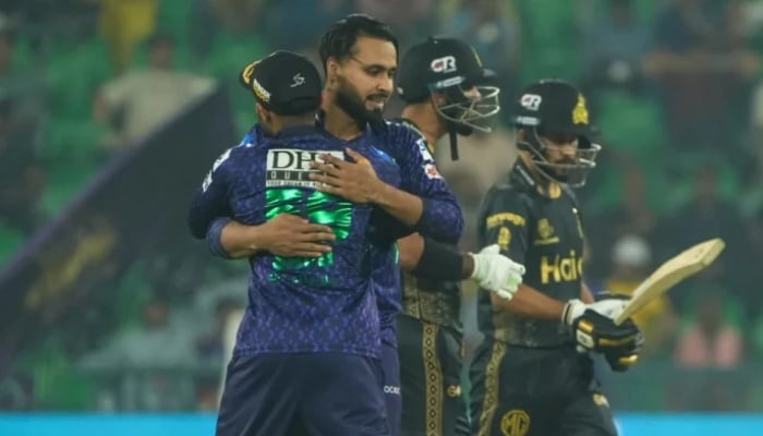 Faheem Ashraf and Saud Shakeel celebrate a wicket during the Pakistan Super League (PSL) 10 match between Quetta Gladiators and Peshawar Zalmi at Gaddafi Stadium, Lahore, April 27, 2025. — PSL