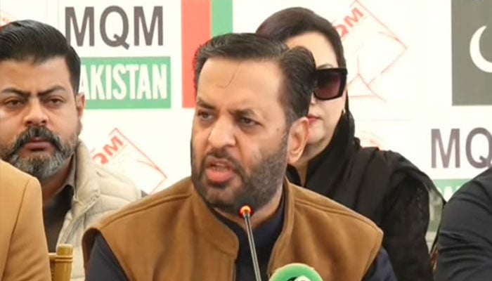 MQM-P leader and Federal Minister for Health Syed Mustafa Kamal is addressing a press conference in Karachi on December 28, 2025. — Screengrab via Geo News