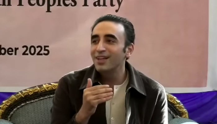 PPP Chairman Bilawal Bhutto-Zardari speaks to the media in Larkana, on December 28, 2025. — Geo News