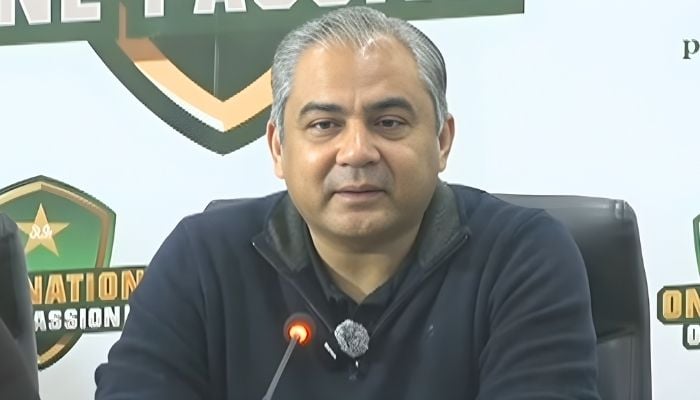 Pakistan Cricket Board (PCB) Chairman Mohsin Naqvi addresses a press conference in Lahore, December 28, 2025. — Screengrab via YouTube/Geo News