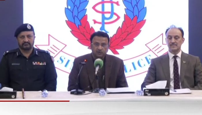 Sindh Home Minister Zia Lanjar is addressing a joint press conference in Karachi on December 29, 2025. Screengrab Via Geo News