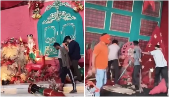 This collage of screengrabs, taken from a video, shows a group of armed men vandalising Christmas decorations in Raipur, Chhattisgarh, India, December 24, 2025. — X@zoo_bear
