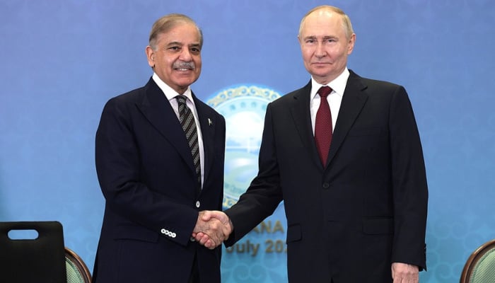 Prime Minister Shehbaz Sharif in a meeting with Russias President Vladimir Putin on the sidelines of the Shanghai Cooperation Organisation summit, July 3, 2024. — en.kremlin.ru