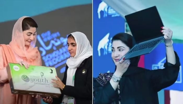 Punjab CM Maryam Nawaz distributes laptops among students in this undated image. — Facebook/TheMaryamNSharif/Instagram@maryamnawazofficial