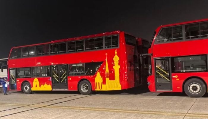 Double-decker bus is seen at Karachi port in this undated photo. — X@sharjeelinam