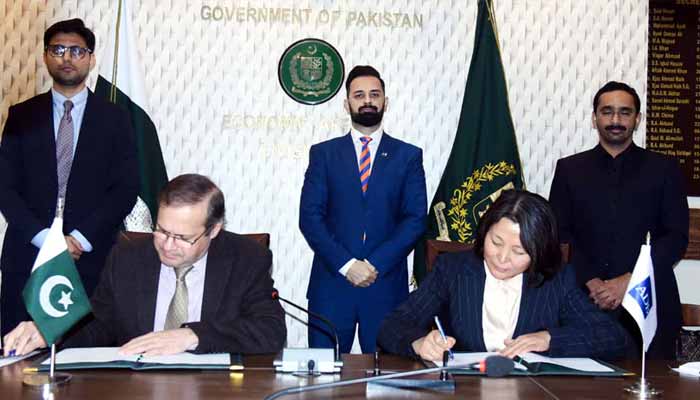 Secretary Economic Affairs Muhammad Humair Karim (left) and Asian Development Bank Country Director Emma Fan ink climate resilience initiatives in Islamabad, December 30, 2025. — Finance Ministry