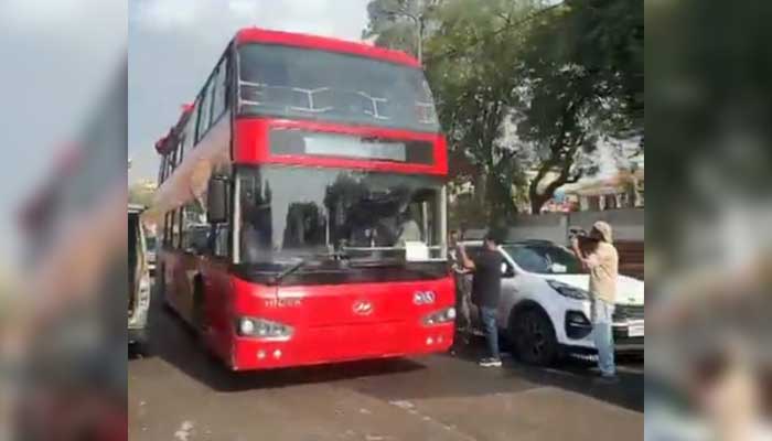 Sindh governments double decker bus pictured on its servicess inauguration on December 31, 2025. — X@Majidbaloch0033