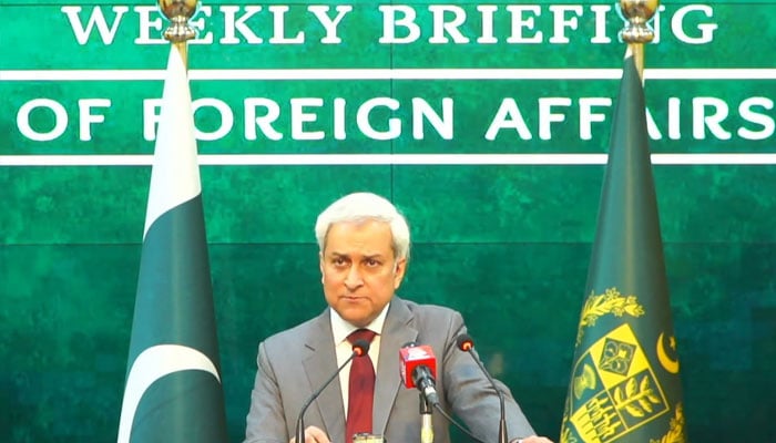Foreign Office Spokesperson Tahir Hussain Andrabi addressing weekly media briefing in Islamabad on January 1, 2026. — X@ForeignOfficePk