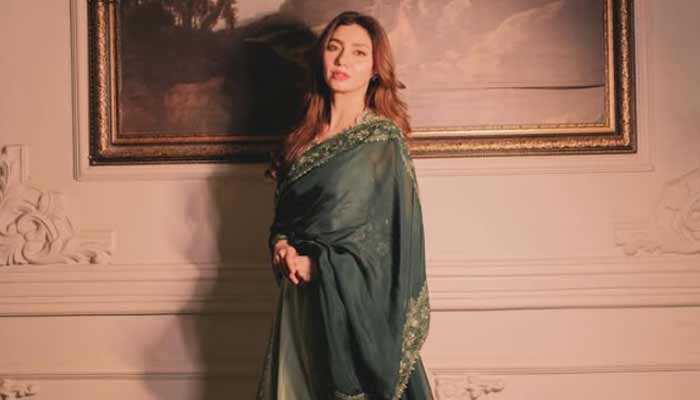 Actor Mahira Khan attires green embellished outfits in an undated picture. — Instagram/@mahirakhan
