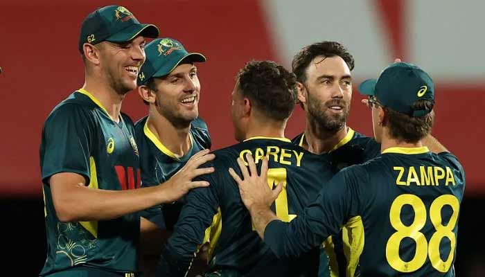 Australian players celebrate a wicket in a T20I match against Pakistan at The Gabba in Brisbane, Australia, on November 14, 2024. — Reuters