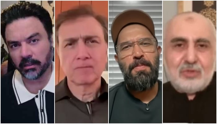 (From left to right) Adil Raja, Moeed Pirzada, Wajahat Saeed, Haider Mehdi. — X@soldierspeaks/MoeedNj/YouTube@WajahatSKhan/@Haider Mehdi/File