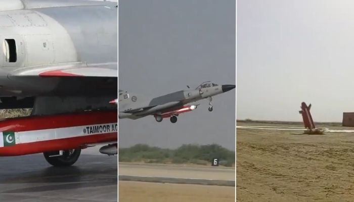 This collage shows indigenously developed Taimoor Weapon System successfully hitting its target in a test. — X@DGPR_PAF