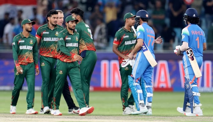 Indias Shubman Gill and KL Rahul shake hands with Bangladesh players after winning the ICC Mens Champions Trophy group stage match, Dubai International Stadium, Dubai, United Arab Emirates, February 20, 2025.  — Reuters