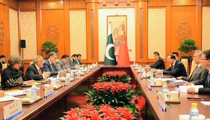 Deputy Prime Minister Ishaq Dar and Chinese Foreign Minister Wang Yi co-chair the 7th round of the Pakistan-China Foreign Mini­sters’ Strategic Dialogue on January 4. — FO