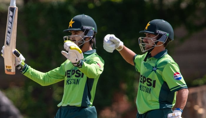 Sameer Minhas (left) celebrates after scoring century for Pakistan against Zimbabwe during Under-19 ODI tri-series final at the Old Hararians, Harare, Zimbabwe, January 6, 2026. — PCB