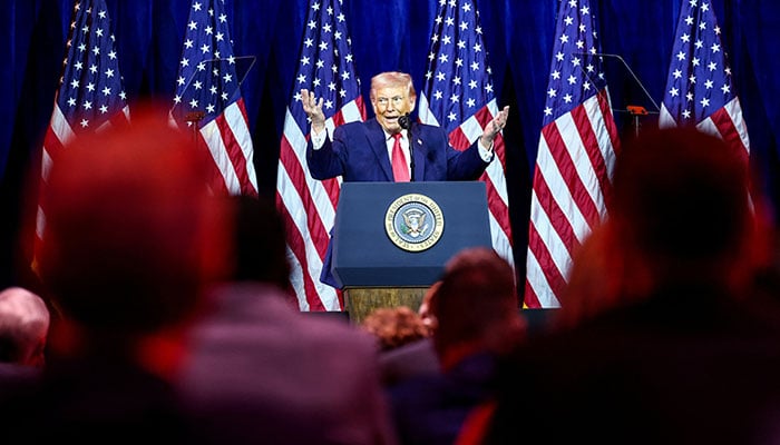 President Donald Trump addresses House Republicans at their annual issues conference retreat, at the Kennedy Center, renamed the Trump-Kennedy Center by the Trump-appointed board of directors, in Washington, D.C., US, January 6, 2026.
