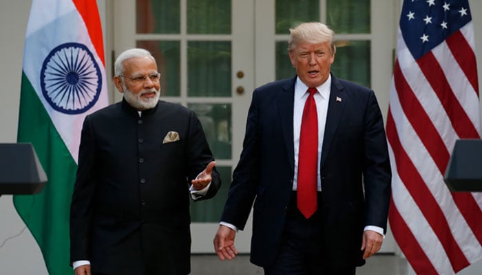 US President Donald Trump arrives for a joint news conference with Indian Prime Minister Narendra Modi in the Rose Garden of the White House in Washington, US on June 27, 2017. — Reuters