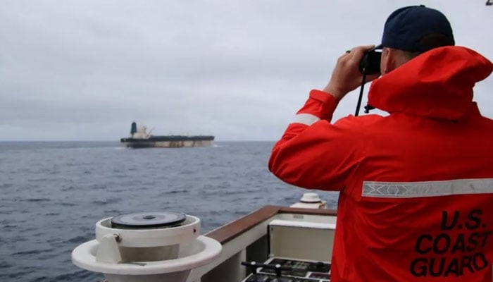 This undated handout photo released on January 7, 2026, by the US European Commands X account shows what US European Command says is the seizure of the M/V Bella 1 oil tanker in the northern Atlantic Ocean. — AFP