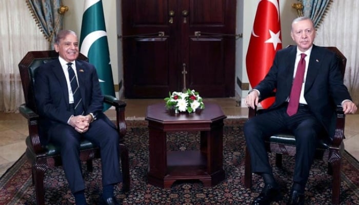 Prime Minister Shehbaz Sharif (left) meets Turkish President Tayyip Erdogan on May 25, 2025 in Istanbul, Turkiye. — PID