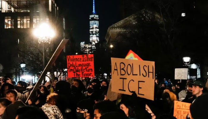 Protesters march against ICE after an immigration agent shot and killed 37-year-old Renee Nicole Good in her car in Minneapolis, in New York City, January 8, 2026. — Reuters